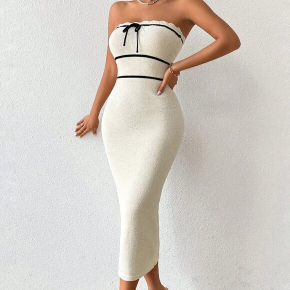 Apricot Elegant Women's Tube Top Dress Fashion Knitted Dress - Picture 7 of 7